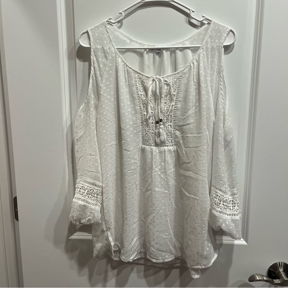 DR2 Top Women L White Hippie Bohemian Textured Rayon Crochet Lace Cold S…
